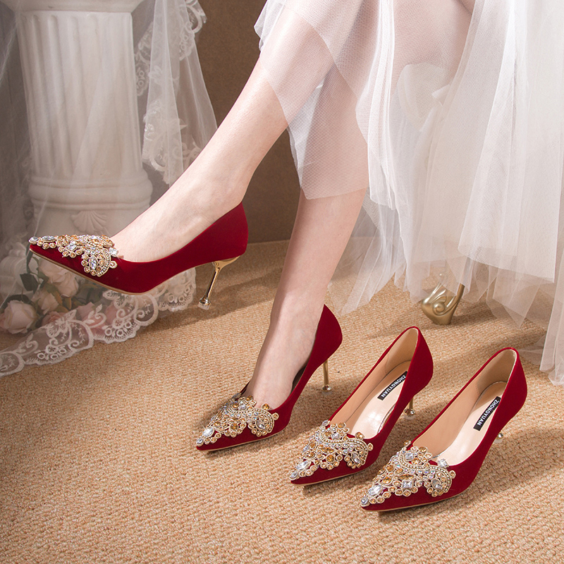 2024 Rhinestone Red High Heels, Chinese-Style Xiuhe Wedding Shoes